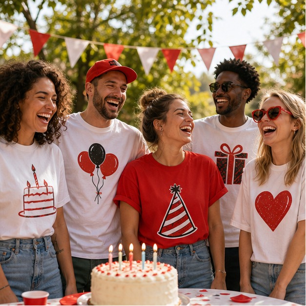 Friends wearing custom birthday T-shirts