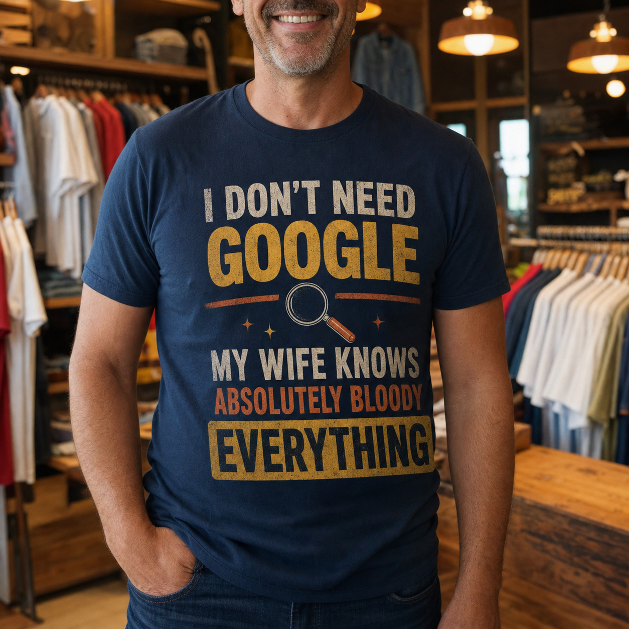 Man wearing a funny I don't need Google, my wife knows everything T-shirt